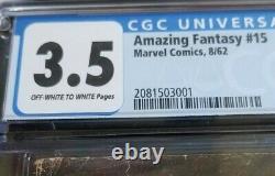 Amazing Fantasy #15- CGC 3.5, 1st Appearance of Spiderman, OFF WHITE TO WHITE
