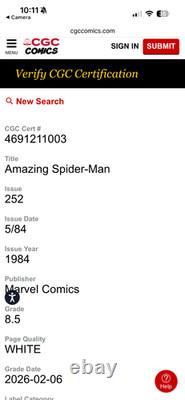 Amazing Spider-Man #252 CGC 8.5 White Pages Newsstand Marvel 1984 Black Suit