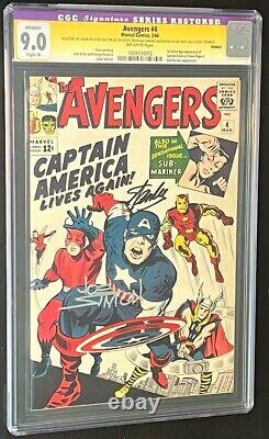 Avengers #4? 2X SIGNED STAN LEE CGC 9.0 Restored? 1st SA Captain America 1964