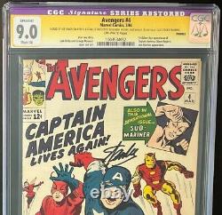 Avengers #4? 2X SIGNED STAN LEE CGC 9.0 Restored? 1st SA Captain America 1964