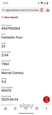 FANTASTIC FOUR #23 CGC 5.0 White Pages, Cover Cleaned, DOCTOR DOOM KIRBY 1964
