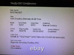 Graded CGC 9.6 NM+ Stan Lee Signed 100 Greatest Marvels Of All Time #10 White