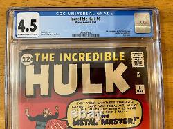 Incredible Hulk #6 CGC 4.5 OW-WT Marvel 1963 Steve Ditko Stan Lee Metal Master